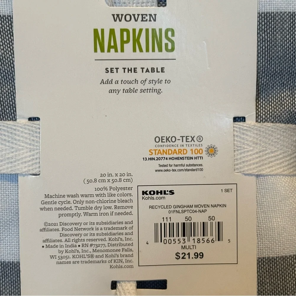 Food Network Gray And White Gingham 8 Piece Woven Dinner Napkins 20x20 NEW NWT